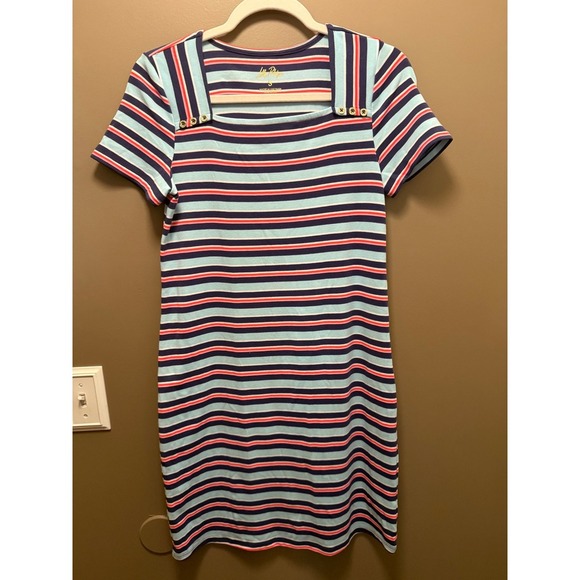 Lilly Pulitzer Dresses & Skirts - Lilly Pulitzer Dress Striped Square Neck Blue Pink Gold Button Short Sleeve S